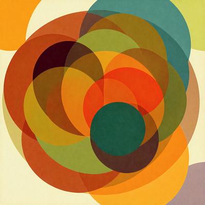 The primary subject of the image is a colorful circle with a green center, surrounded by various other circles of different colors. The setting is a colorful background, and the visual style appears to be a combination of digital art and illustration. The dominant colors in the image are green, orange, and yellow, creating a vibrant and lively atmosphere.